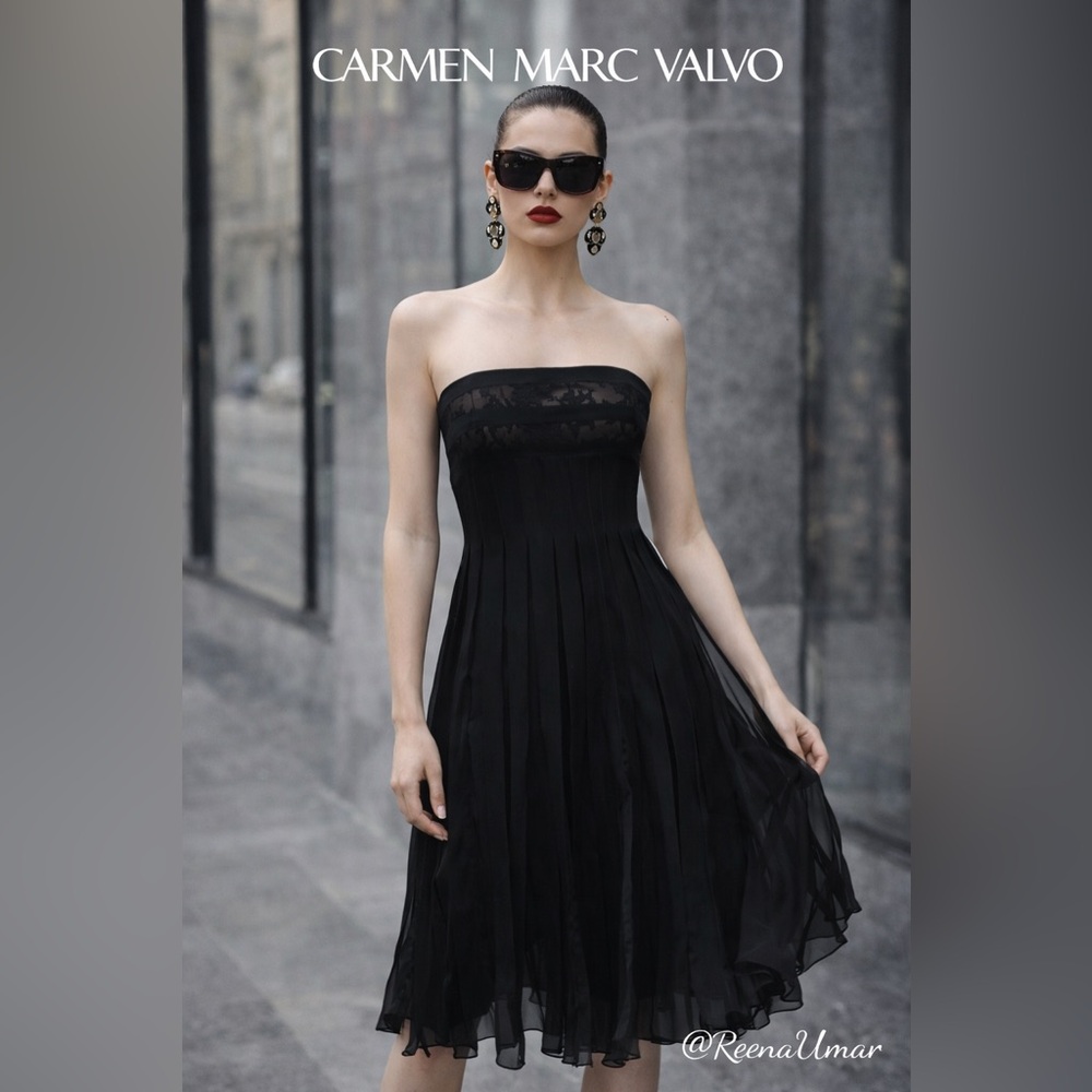 Carmen Marc Valvo Strapless Pleated Cocktail Dress – Black | Size 2 | NWT